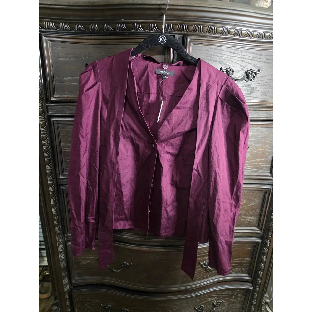 Madewell Plum Cotton Puff Sleeve Tie Neck Button Front Blouse NY535 Small NEW